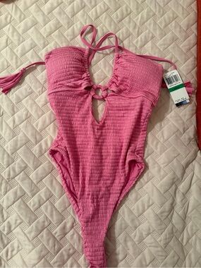 Pink Smocked One-Piece Swimsuit with Front Ring Detail